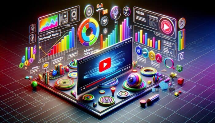 A vibrant digital dashboard with graphs and charts analysing click-through rates, featuring a video ad and user engagement icons.