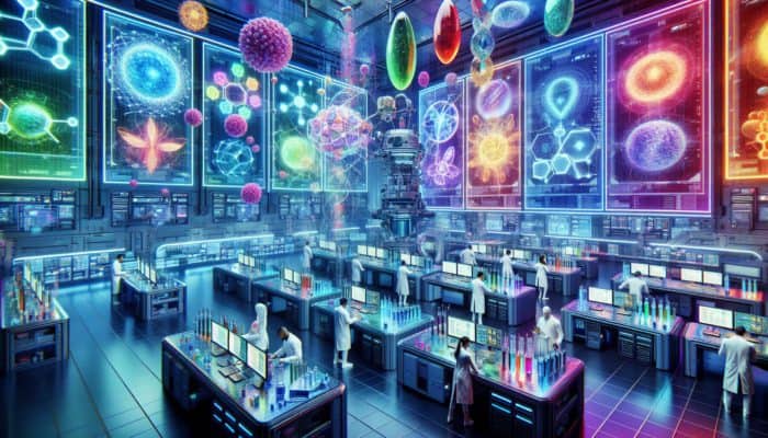 A futuristic laboratory where scientists are personalising advanced multivitamins using high-tech equipment and vibrant nutrient visualisations.