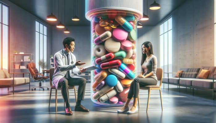A person consulting with a nutritionist, reviewing blood tests and health journal, while selecting multivitamins in a modern clinic.