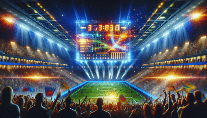 A lively sports stadium featuring a bright scoreboard displaying real-time scores, player statistics, and game timelines.