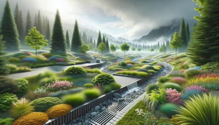 Landscape Drainage Services in Pitt Meadows: A tranquil Pitt Meadows landscape featuring French drains, swales, and permeable paving managing water flow, preventing pooling, under a cloudy sky, showcasing lush, healthy greenery and vibrant flowers.