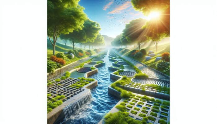 A tranquil landscape featuring French drains, swales, dry wells, and permeable paving, surrounded by lush greenery.