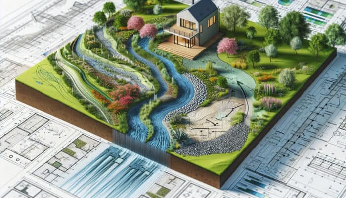 A modern house with graded slopes and strategically placed vegetation managing water flow and preventing erosion.