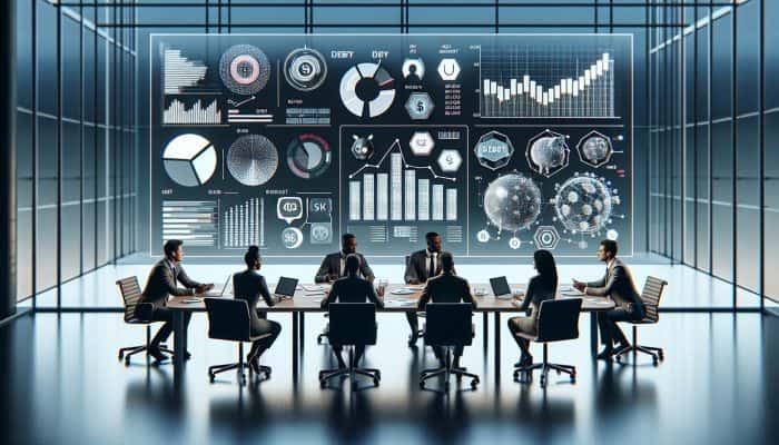 Financial experts discussing debt consolidation at a conference table with charts on a screen.