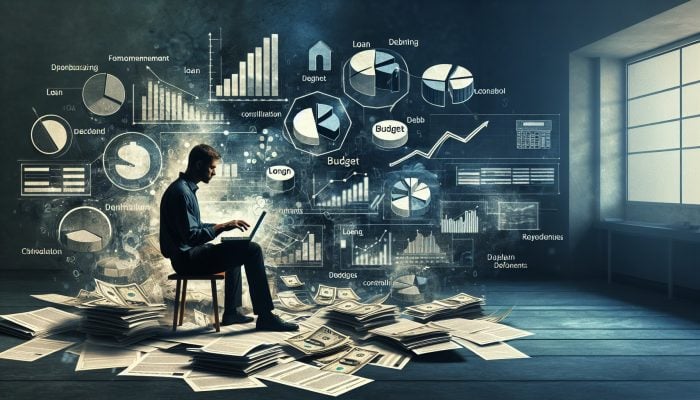 Person tracking expenses on a laptop with budget charts and loan document, managing finances after debt consolidation.