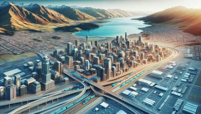 Aerial view of Queenstown showcasing new infrastructure and upscale properties amidst mountains and tourist areas.