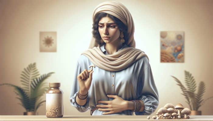 Individual experiencing slight bloating, contemplative, holding mushroom supplements in a serene, neutral room.