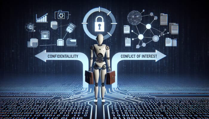 A humanoid robot at a crossroads labeled 'Confidentiality' and 'Conflict of Interest,' with binary code and client files in the background.