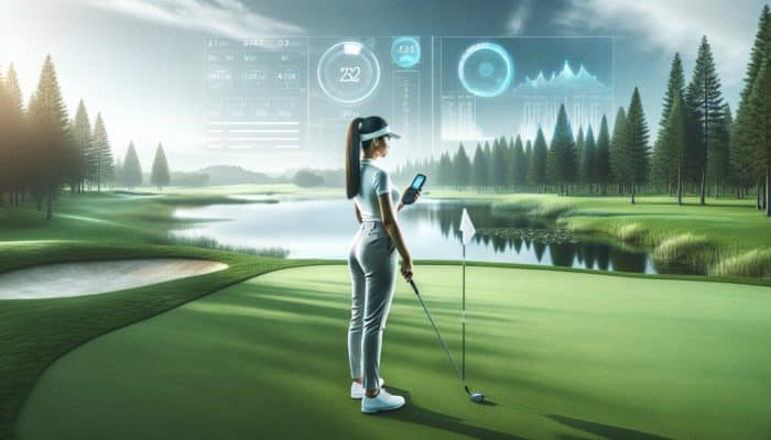 Golfer using a high-tech rangefinder on a green course with a lake and trees in the background.