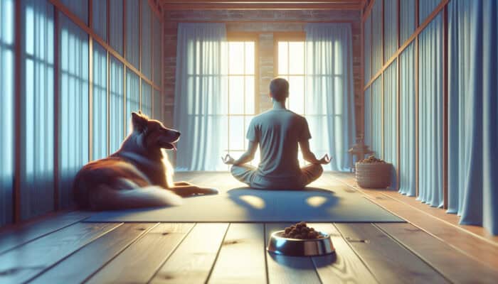 A serene meditation room with a calm pet, a meditating person, soft lighting, soothing colors, and a bowl of treats.