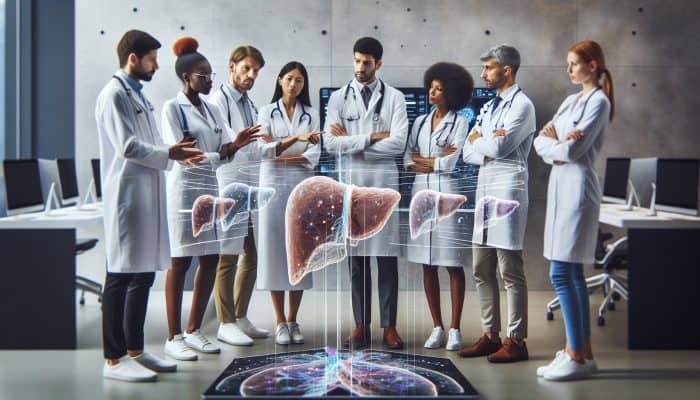 Healthcare professionals discussing liver blood test results in a modern Hertford clinic.