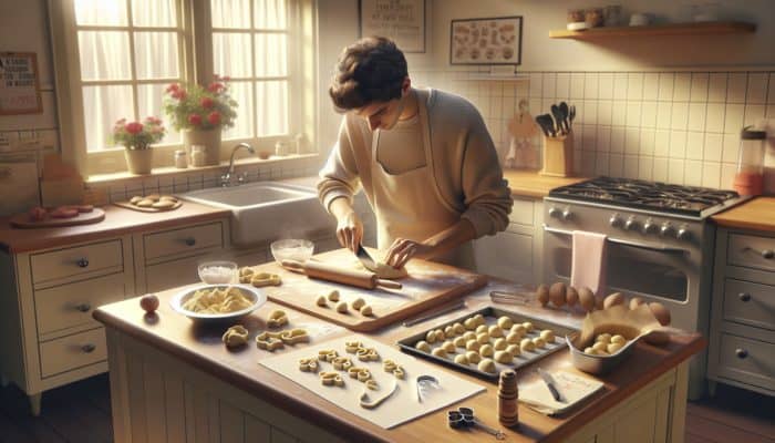 A beginner shaping baby shower buns in a cozy kitchen, using a scraper and themed cookie cutters.