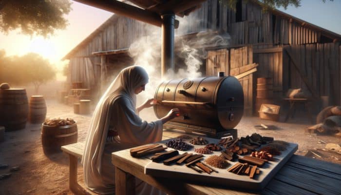 A person adjusting smoker vents, surrounded by smoke and wood chips, at golden hour.