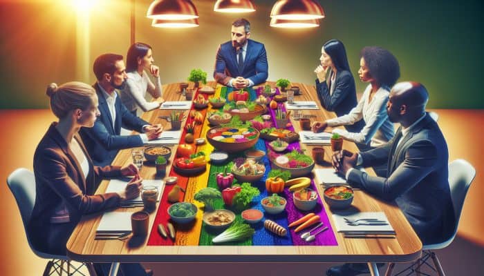 A colourful array of vegetarian dishes on a table, with experts discussing meal planning in a modern room.