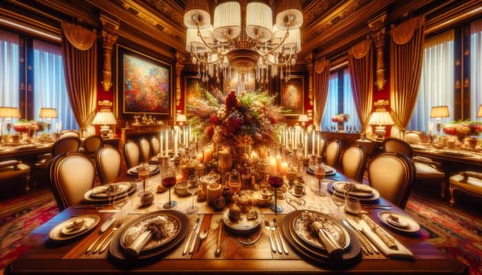 Elegant themed dinner table with expertly crafted centerpiece, fine china, and sophisticated lighting in a luxurious dining setting.