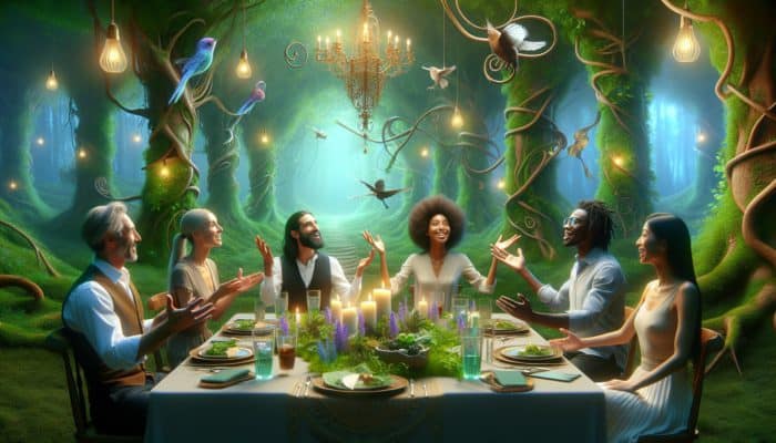 A themed dinner table set in an enchanted forest, with guests engaging and enjoying the immersive setting.