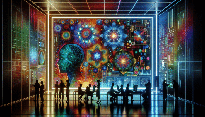 A futuristic interface with colourful graphs, AI algorithms, and experts analysing data in a neon-lit room.