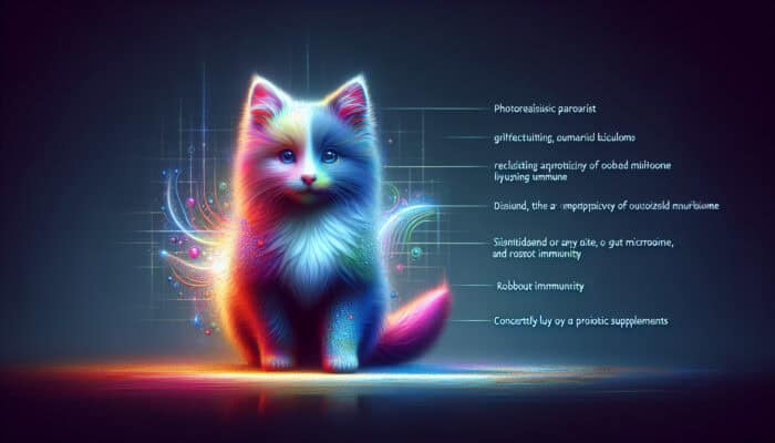 A radiant pet with a lustrous coat and energetic presence, surrounded by a glowing aura, with probiotic supplements.