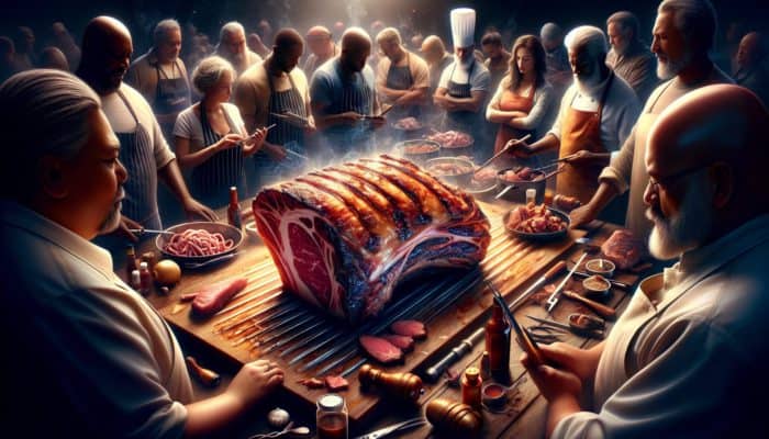 A delectable shoulder cut being smoked over a BBQ by pitmasters in a competition setting.