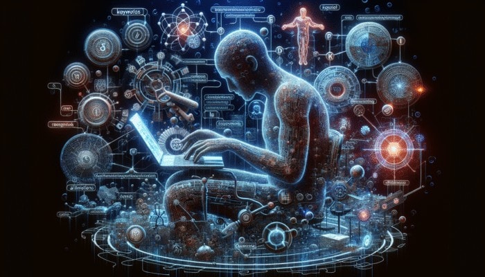 A person optimising SEO on a laptop with floating keywords and graphs against a network background.
