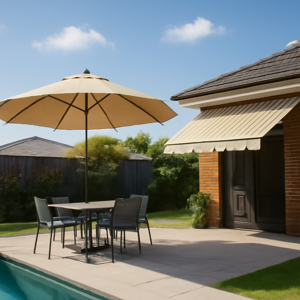 Illustration of Freestanding shade options: umbrellas and retractable awnings for Brisbane backyards