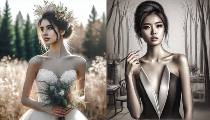 A bride with a loose, romantic updo and wildflowers for a rustic wedding, contrasted with another wearing a sleek chignon for a formal event.