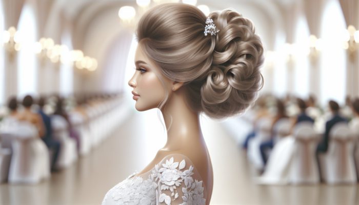 A bride with an elegant updo, styled with high-quality products, remaining intact from morning to evening during her wedding.