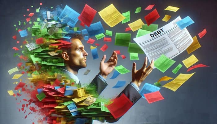 Best Practices for Debt Consolidation Payoff: UK Guide | DCL A person consolidating multiple colourful debt papers into one clear loan document, symbolising financial clarity and relief in the UK.