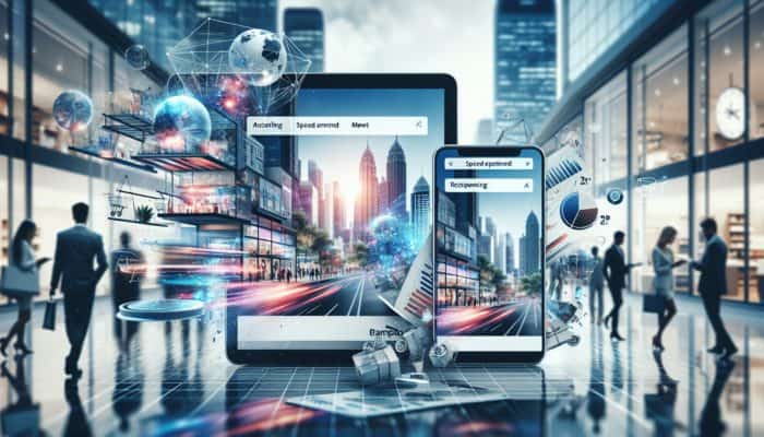 E-commerce website displayed on a smartphone and laptop, showcasing intuitive navigation and fast loading, set in a Bampton business environment with shoppers.