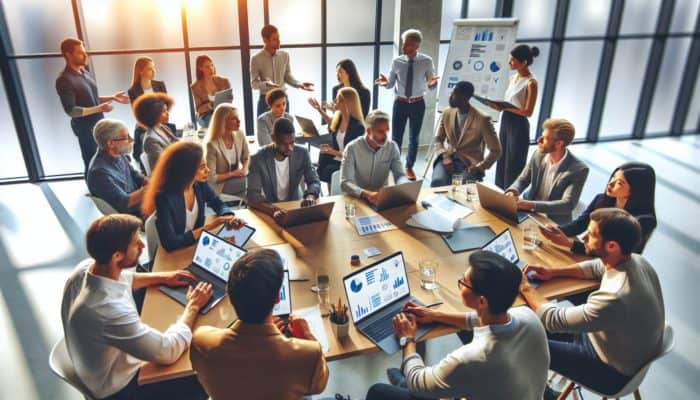 Bampton business owners participating in an e-commerce workshop, collaborating with technology experts using laptops.