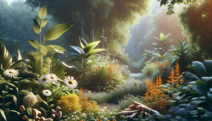 A garden with chamomile, turmeric, and ginger plants, used for managing chronic illnesses.