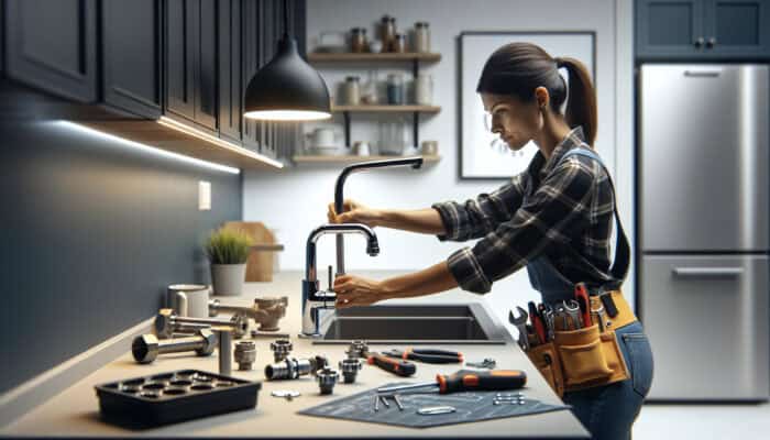 Delta Faucet: A technician diligently installing a modern Delta faucet in a newly renovated kitchen, showcasing exceptional efficiency and precision.