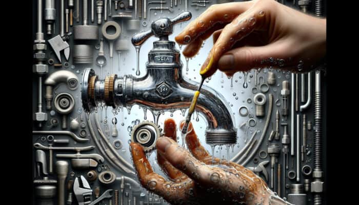 A Delta faucet dripping, with hands replacing washers and cleaning an aerator, surrounded by essential plumbing tools for effective maintenance.