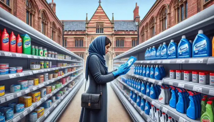 Shopper selecting nitrile gloves in Warwick supermarket, with cleaning supplies, and logos of Tesco and Sainsbury's visible.