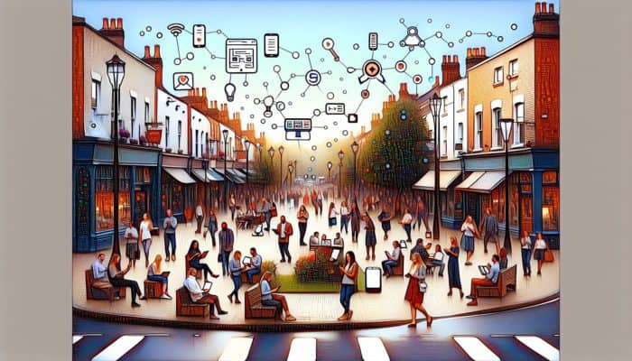 A vibrant Shaftesbury street with small businesses, modern website designs on devices, and expert designers.