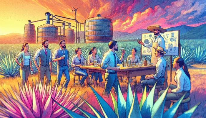 A diverse group on a tequila tour in an agave field at sunset, tasting and learning with an expert guide.