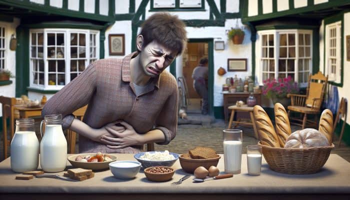 Food Intolerance Blood Test in Aldershot: Individual experiencing bloating and discomfort at a table surrounded by dairy, gluten, and nuts, appearing uneasy and perplexed.
