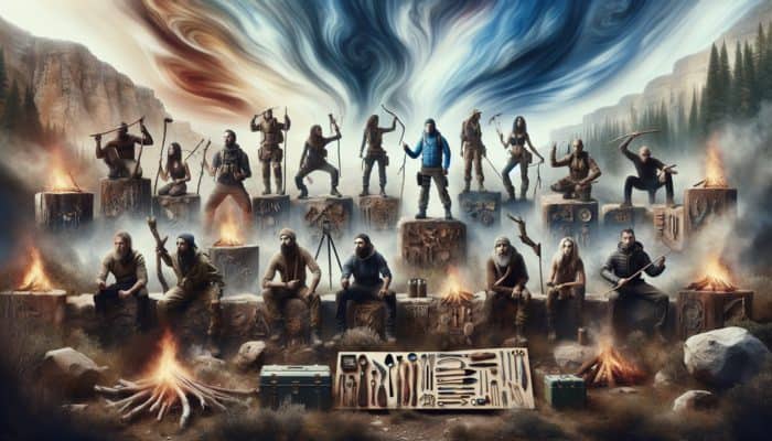 Survival experts demonstrating fire-starting techniques in a rugged wilderness under a smoky sky.