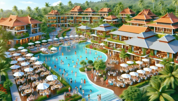 Guests enjoying diverse, high-quality meals at themed restaurants in a lush, tropical all-inclusive resort.