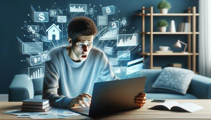 How to Evaluate Debt Consolidation Loan Offers in the UK | DCL Individual reviewing credit report on laptop, surrounded by financial documents, looking concerned in home office.