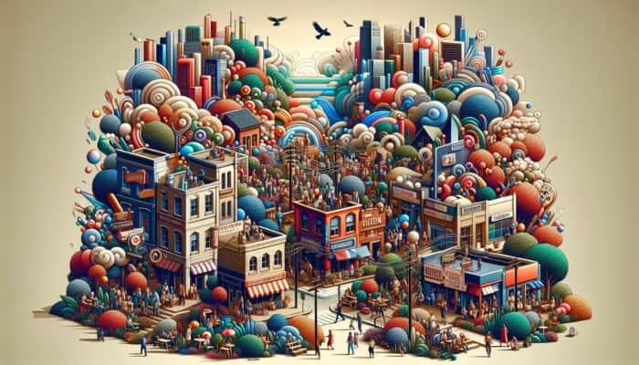 A vibrant digital landscape with small businesses in Ferndown using engaging websites to attract customers and foster community interaction.