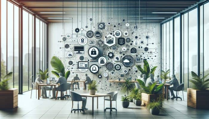 A modern web development office in Ferndown with experts discussing strategies on a digital screen, surrounded by small enterprise logos and plants.