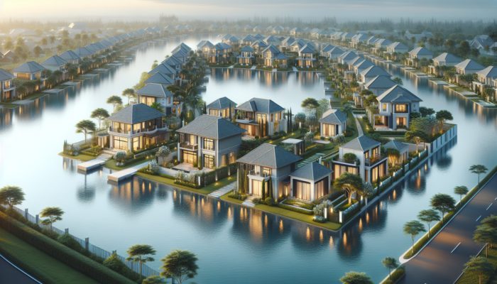 A luxurious gated community with elegant homes, lush landscaping, and a serene lake, symbolising long-term investment and property value appreciation.