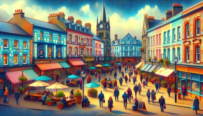 Social Media Management in Dawlish for Small Business: A vibrant Dawlish town square with local businesses showcasing engaging social media content and analytics.