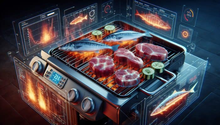 BBQ grill with heat mappers showing temperature zones, meat searing on hot spots, fish on cooler areas.