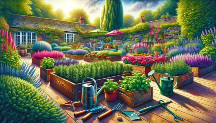 A vibrant UK garden featuring rosemary, basil, and mint beds, surrounded by gardening tools under a sunny sky.