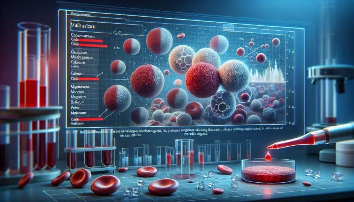 Mineral Blood Test in Yate: Illustration of blood sample analysis for calcium, magnesium, potassium levels with charts and health insights.