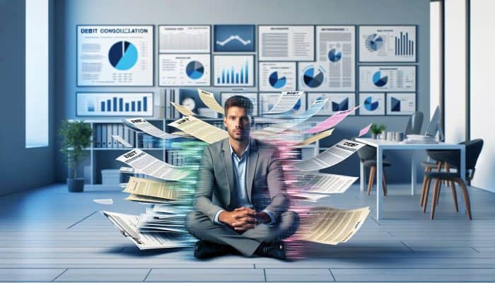 Debt Consolidation and Credit Utilisation Hacks: UK Strategies | DCL Debt Consolidation and Credit Utilisation Hacks: Person relieved as multiple colorful debt papers merge into one clear document in a modern office, symbolizing debt consolidation.