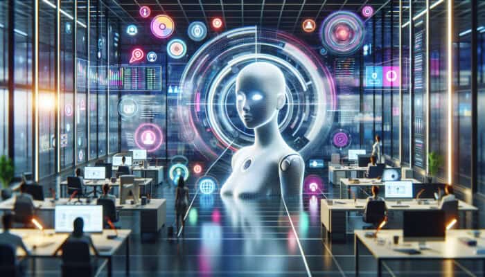 A virtual assistant studying social media trends on a glowing screen in a modern office.