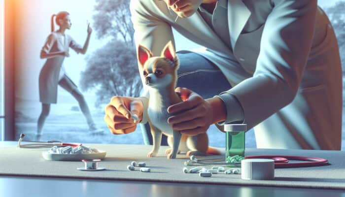 Chihuahua receiving professional help for anxiety with trainer and veterinarian in a supportive environment.